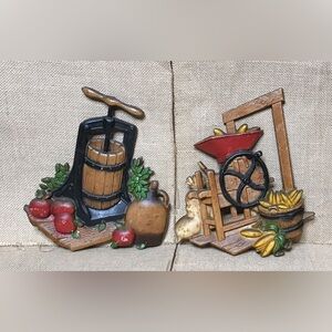 Vintage Homco Apple Press Corn Shucker Metal Wall Hanging Set Cottage Farm Core
